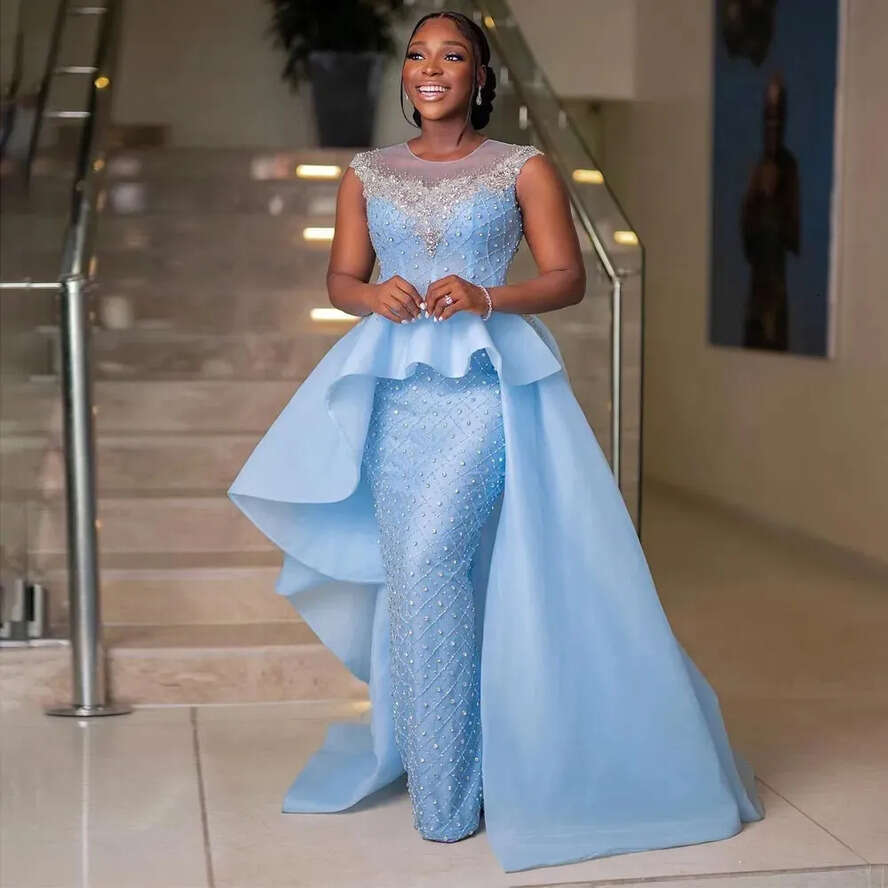 Sheath Blue Gorgeous Baby Prom Crystals Peplum Evening Dress Elegant Rhies Jewel Neck Tulle Black Girl Arabic Formal Dresses For Women 0607 es