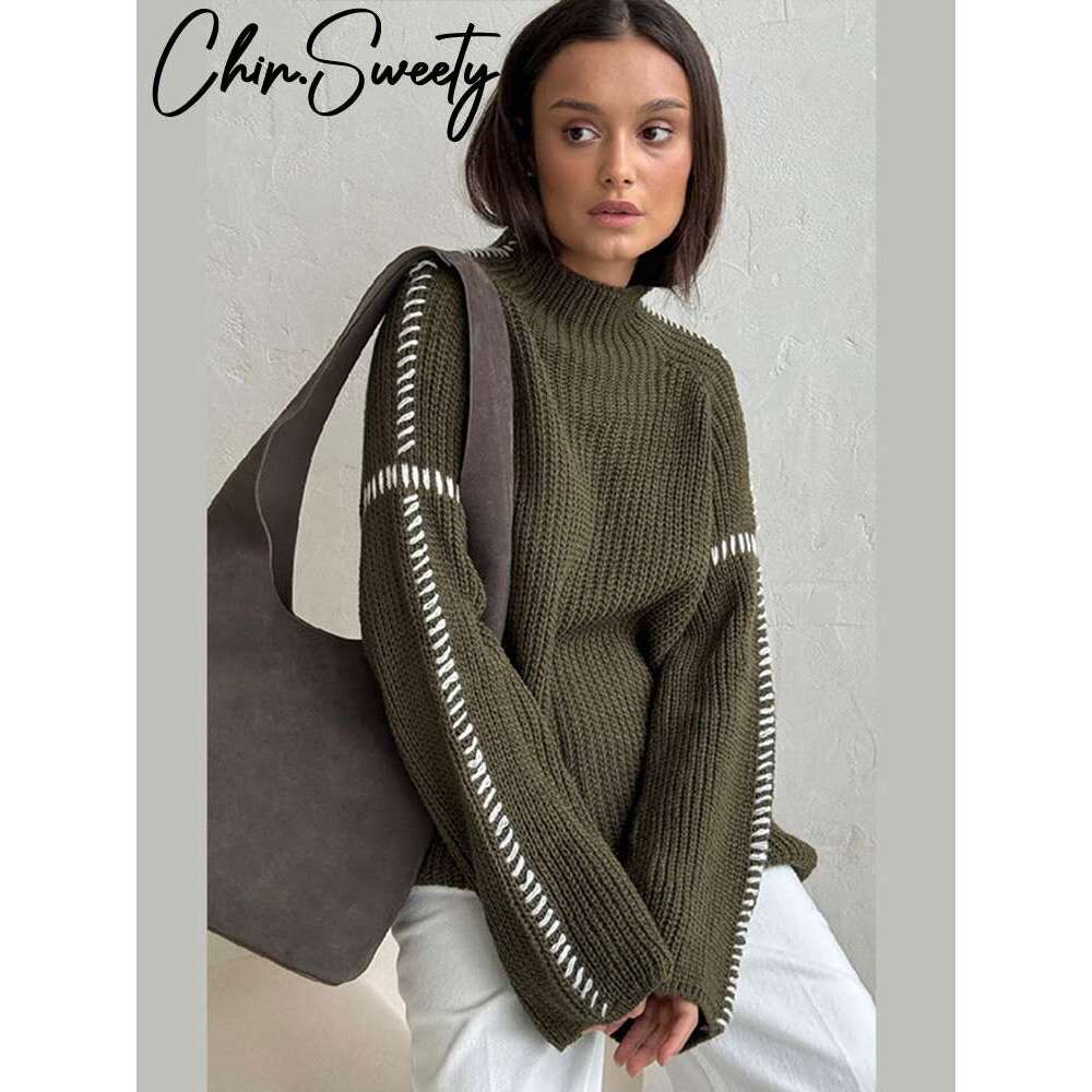 Casual Knitted Contrast Pullovers Women Loose High Collar Long Sleeve Sweaters 2024 Autumn New Lady Cozy All-Match Knitwear