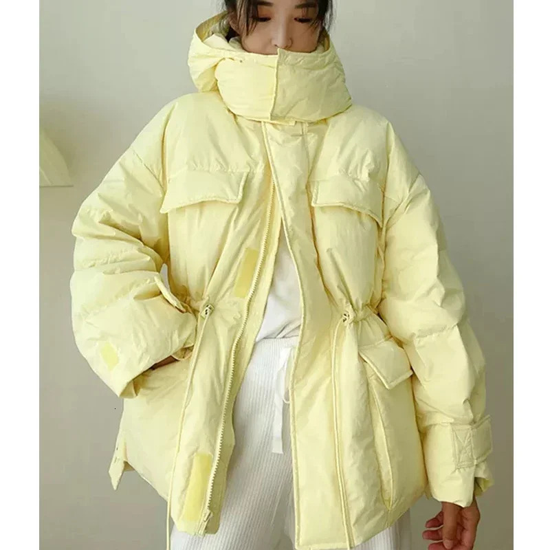 Winter Hooded Parkas Warm Jacket Womens Down Cotton Coat Irregular Fluffy Bubble Drawstring Waist Loose Coat Cotton Coat 241010