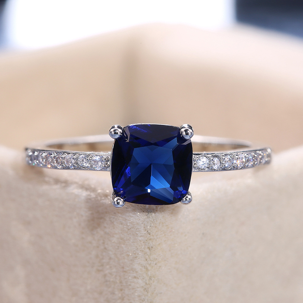 Solitaire ring for women zircon royal blue square diamond ring fashionable simple engagement ring platinum designer crystal wedding ring