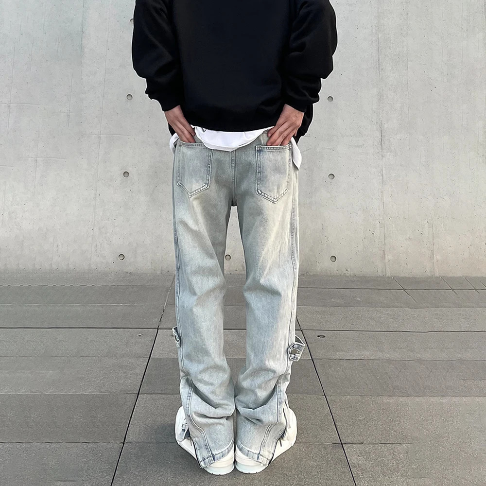 Streetwear Jeans Men Y2k Autumn Fashion Casual Zip Flared Trousers Slim Blue Vintage Winter Stacked Street Original Denim Pants 241015