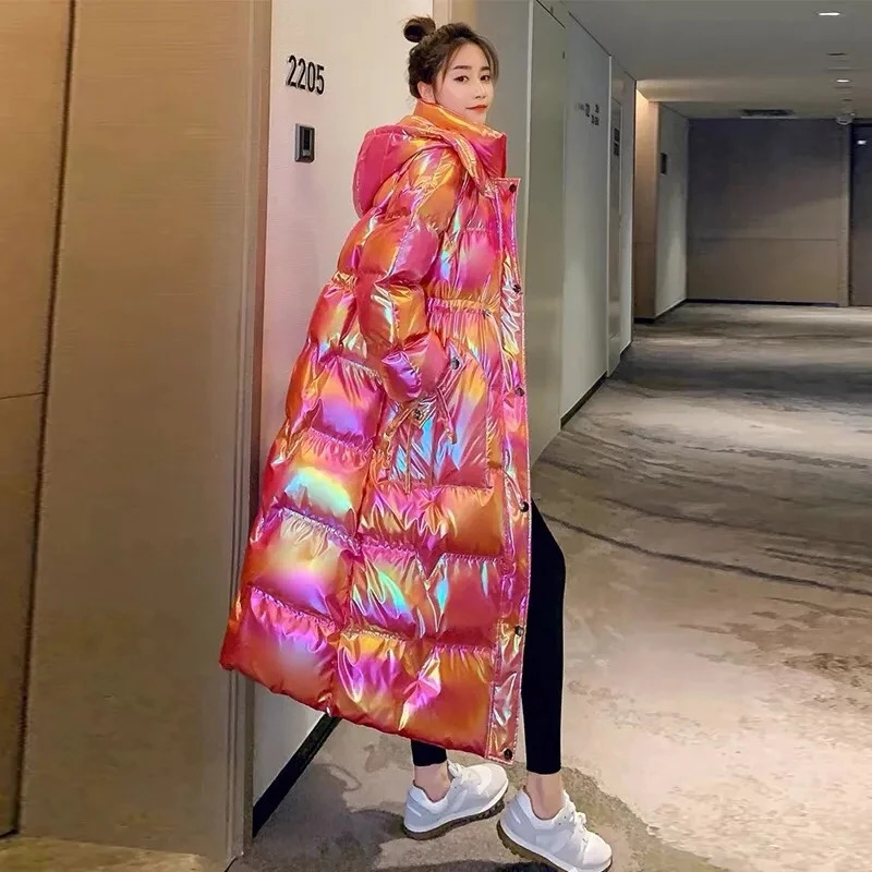 Winter Glossy Down Jacket Womens Thicken Down Cotton Hooded Coat Windproof Rainproof Warm Parka Long Overcoat Female 241008