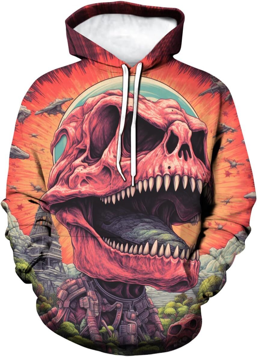 Hoodie for Mens Womens Unisex Psychedelic Dinosaur Hoodie 3D Printed Novelty Skull Pattern Long Sleeved Drawstring Pullover Hoodies Pocket Graphic Fas