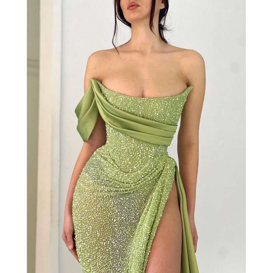 One Shoulder High Sexy Slit Prom Dress Sparkly Sequins Evening Dresses Elegant Green Straight Long Tail Gown Robe De Mariee Bc18281 0618 es