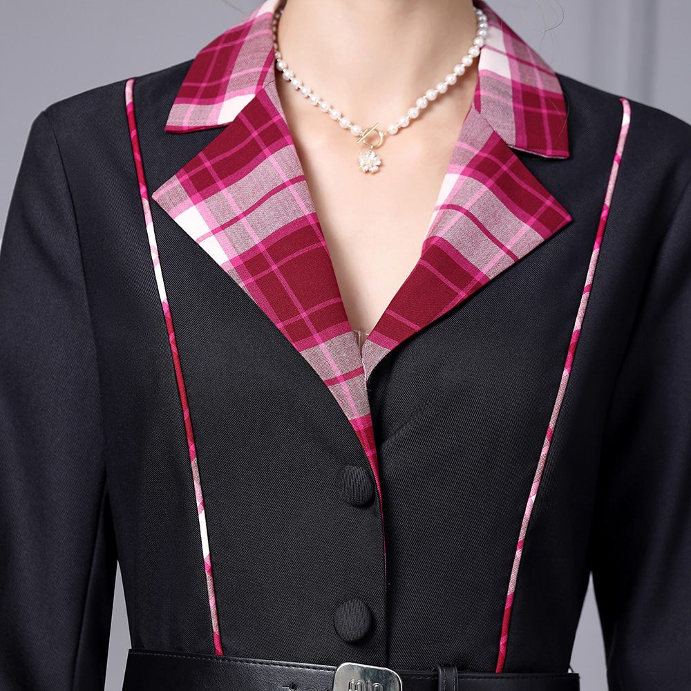 OC 122M43 Women's Work Dresses Top Handmade Production Autumn/Winter Dress Long Sleeved Contrasting Splicing Check