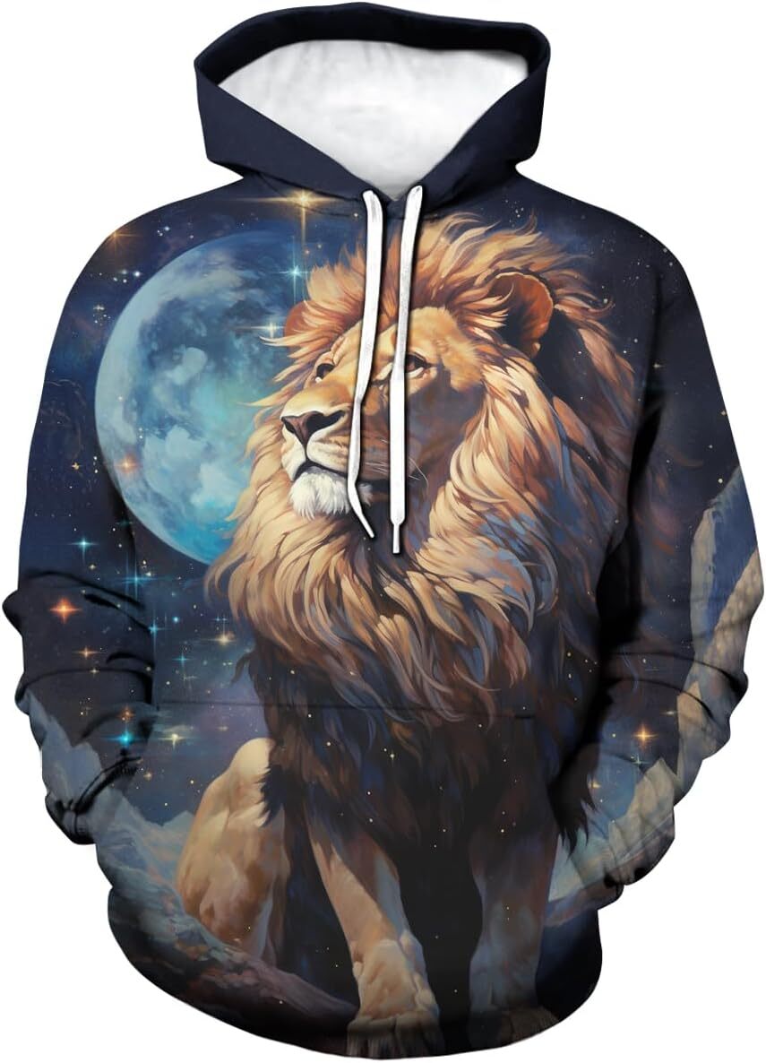 Hoodie for Mens Womens Unisex Psychedelic Lion Hoodie 3D Printed Novel Animal Pattern Long Sleeved Drawstring Pullover Hoodies Pocket Graphic Fashiona