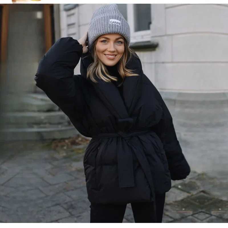 Womens winter jacket long sleeved pockets side office womens warm jacket black belt outerwear padded jacket womens parkas M241011