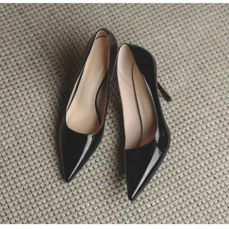 Autumn New Nude Lacquer Leather High Heels with Thin Heels Versatile Pointed Shallow Mouth Single ShoesC250319