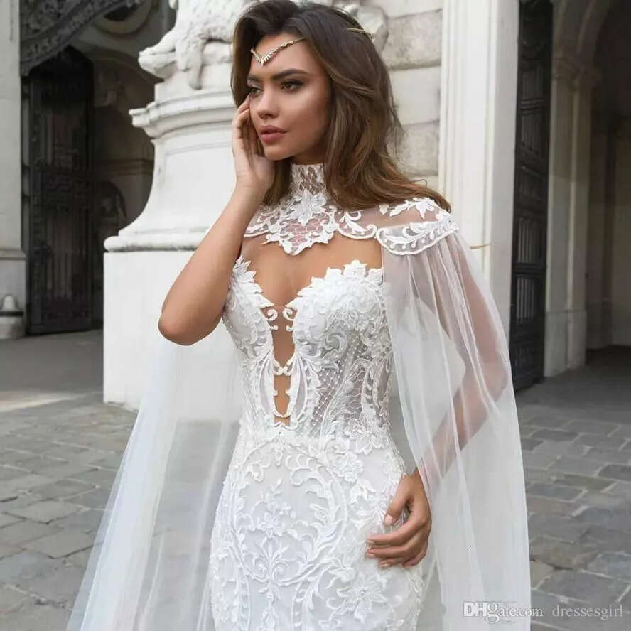 Mermaid Lace Gorgeous Dresses With Cape Sheer Plunging Neck Bohemian Wedding Gown Appliqued Plus Size Ba