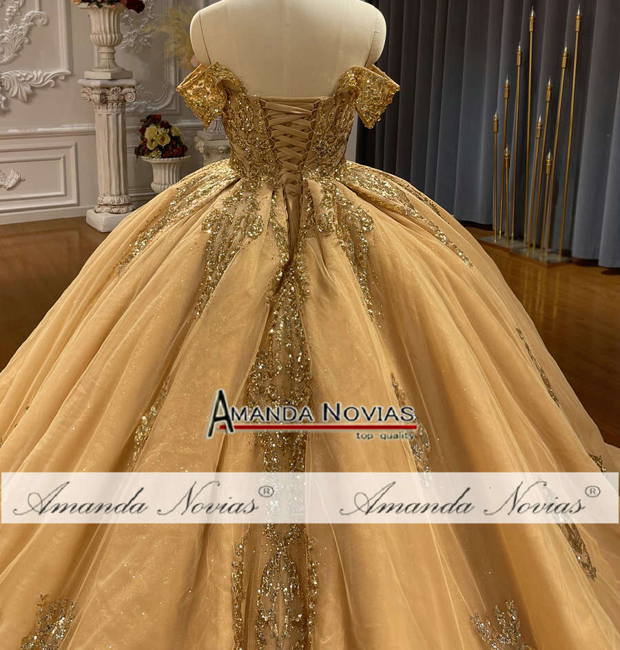 Amanda Novias Golden Off Shoulder Lace Wedding Dress