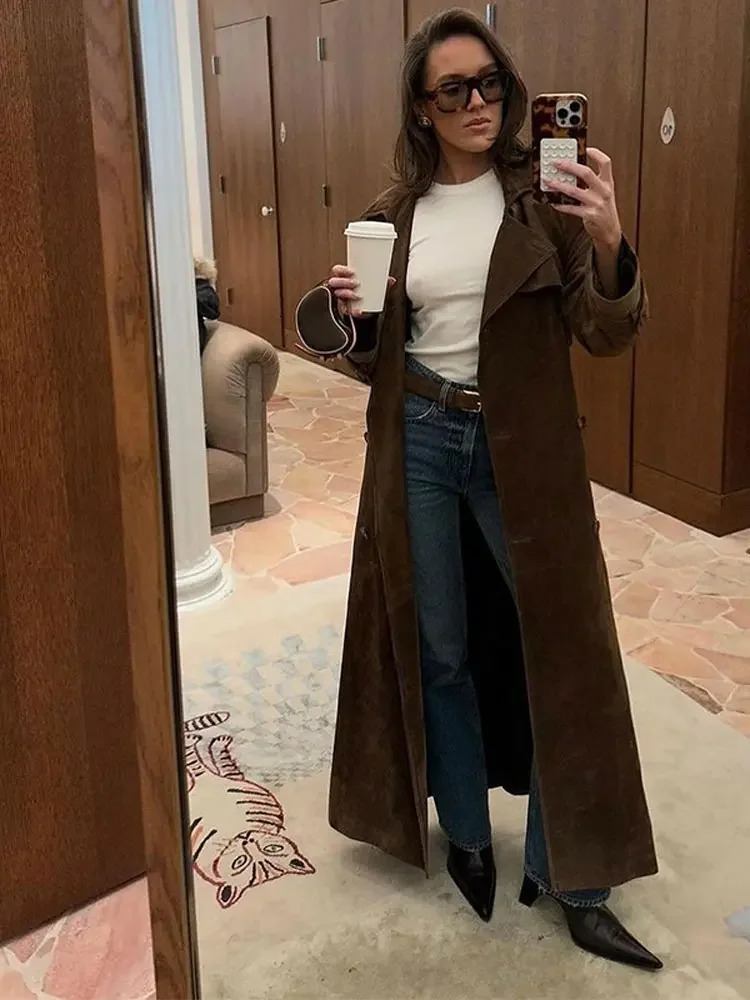 2024 Autumn Winter Elegant Suede Leather Belt Long Trench Brown Coat Fashion Warm Double Button Jacket High Quality Streetwear 241016