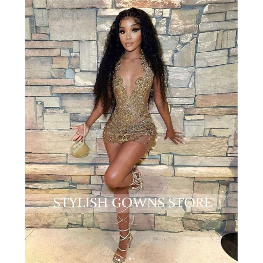 Gold O Sparkly Sheer Neck Short Prom Dress For Black Girl Beaded Crystal Dia Birthday Party Dresses Mini Tail Homecoming 0627 es