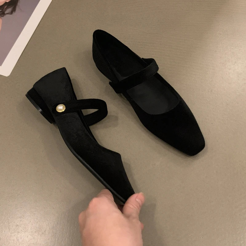Elegant Pearl New Buckle Velour Mary Jane Shoes Woman Concise Veet Ballet Flats Ladies Evening Party Low Heel Pumps In Wine-Red 240927