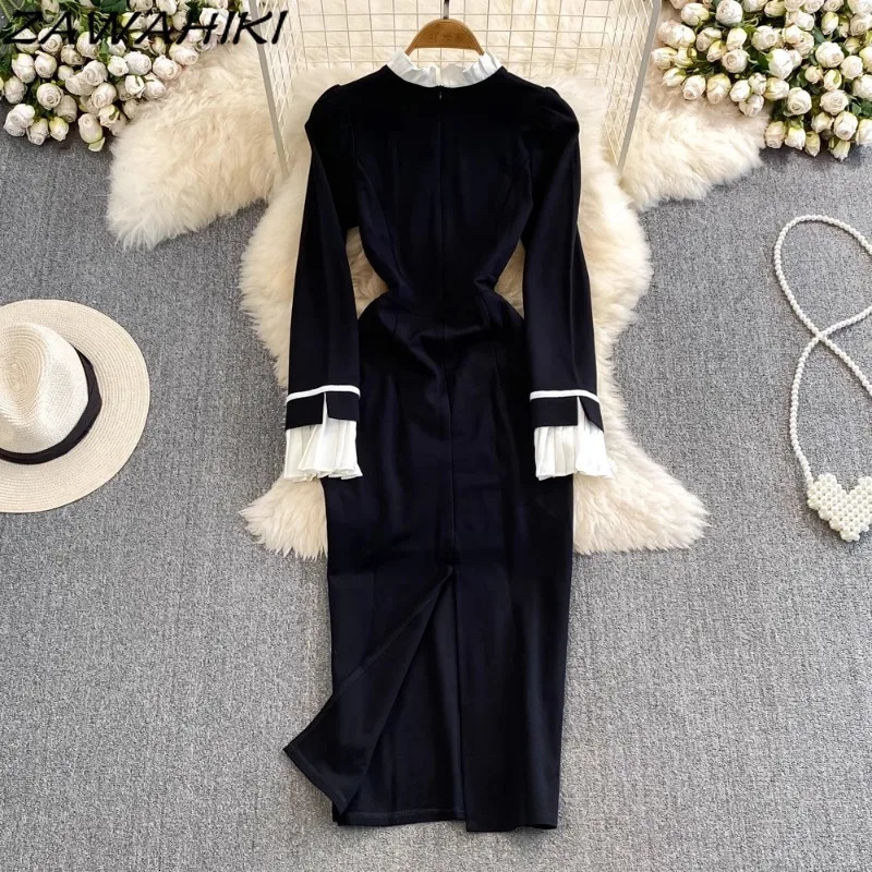 Evening Dress for Women Patchwork Pleated Button Vestidos Contrast Color Flare Sleeve Femme Robe Temperament Ropa Mujer 241007