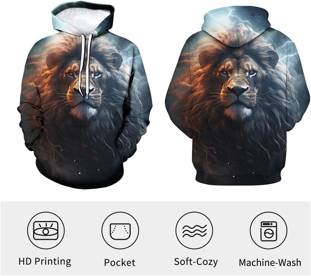 Hoodie for Mens Womens Unisex Funny Lion Hoodies 3D Novelty Animal Pattern Printed Long Sleeve Pullover Hoodie Graphic Hoodies sweatshirt Fashionable