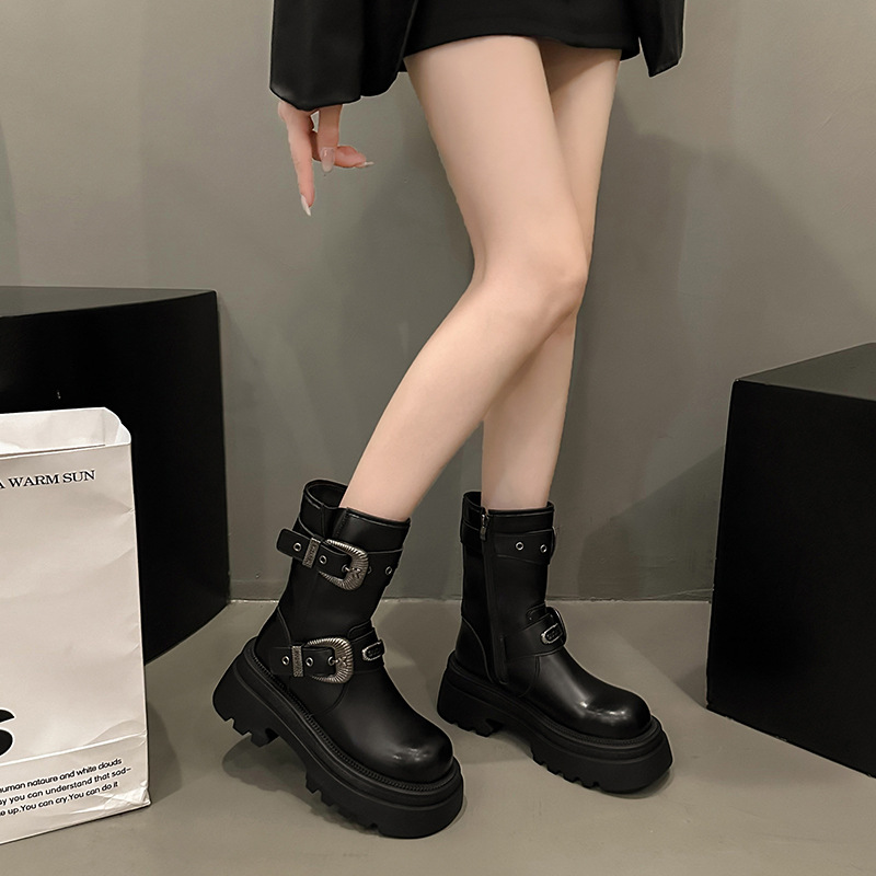 Women's 2024 Autumn/Winter New Retro Metal Buckle Thick Bottom Roman Knight Short Boots