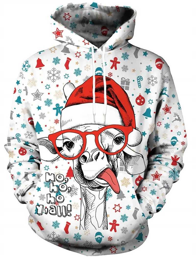 3D printed fun animal alpaca Christmas hoodie mens long sleeved plus size pull-up sweatshirt holiday ugly hoodie top Y241016