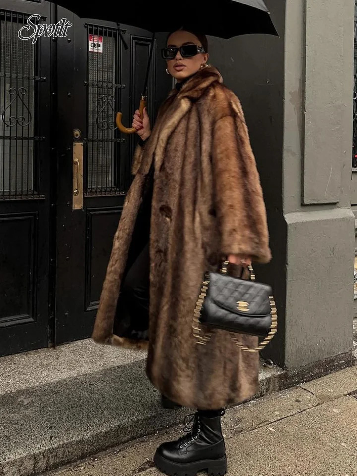 Womens Dark Brown Faux Fur Long Overcoat Fashion Single Breasted Fleece Warm Long Coat Winter Fluffy Plush Warm Thick Outerwear 241015