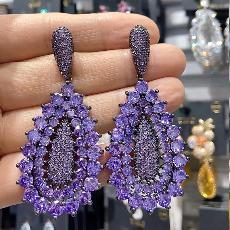 Womens Earrings Jewelry Cubic Zirconia Water Drop Hoop Dangle Earrings for Women Party Jewelry Purple Gift 241016