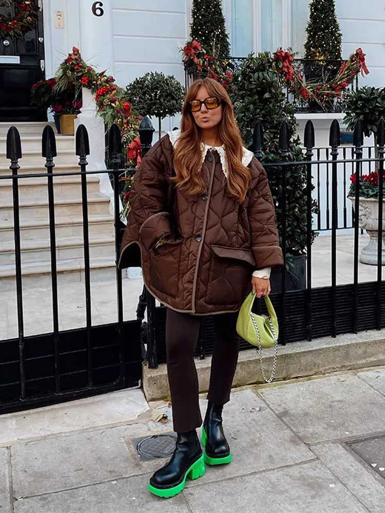 Elegant brown round neck cotton jacket womens casual long sleeved button pocket warm jacket new winter womens business jacket M241011