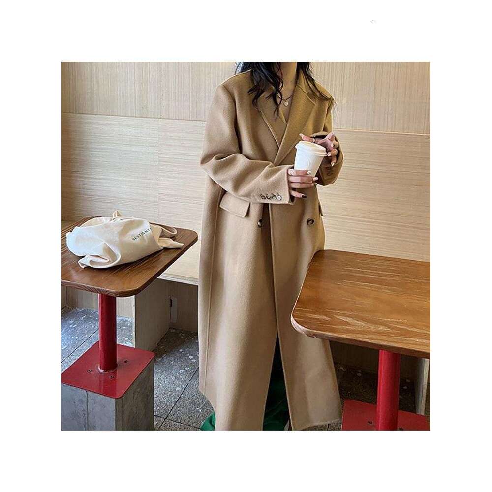 2022 Winter Double Breasted Long Handmade 100% Wool Coat Women Korean Style High End Suit Collar Loose Woolen Jacket Overcoat