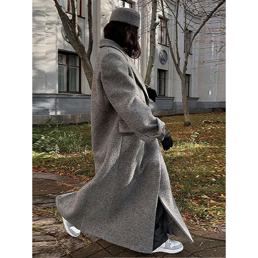 Loose Grey Long Woolen Coat Women Lapel Double Breasted Full Sleeve Overcoats 2024 Autumn Winter Elegant Fashion Lady Outerwears