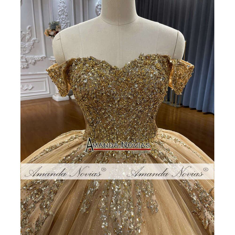 Amanda Novias Golden Off Shoulder Lace Wedding Dress