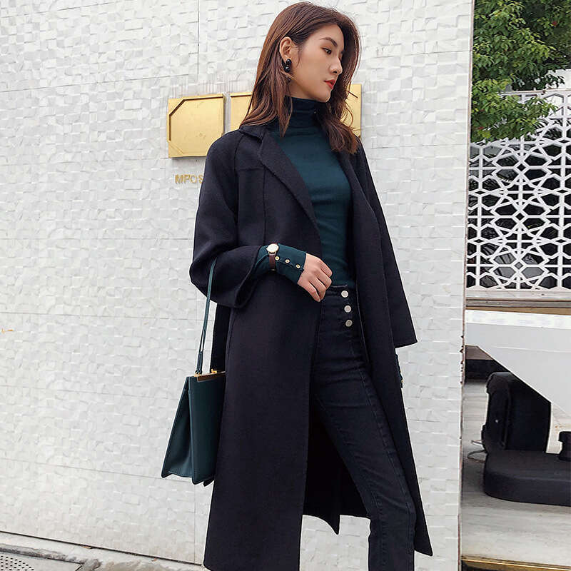 Plus Size Double Sided Woolen Overcoat Women 2021 Winter Fashion High End Long Loose Lacing Belt Black 100% Wool Coat