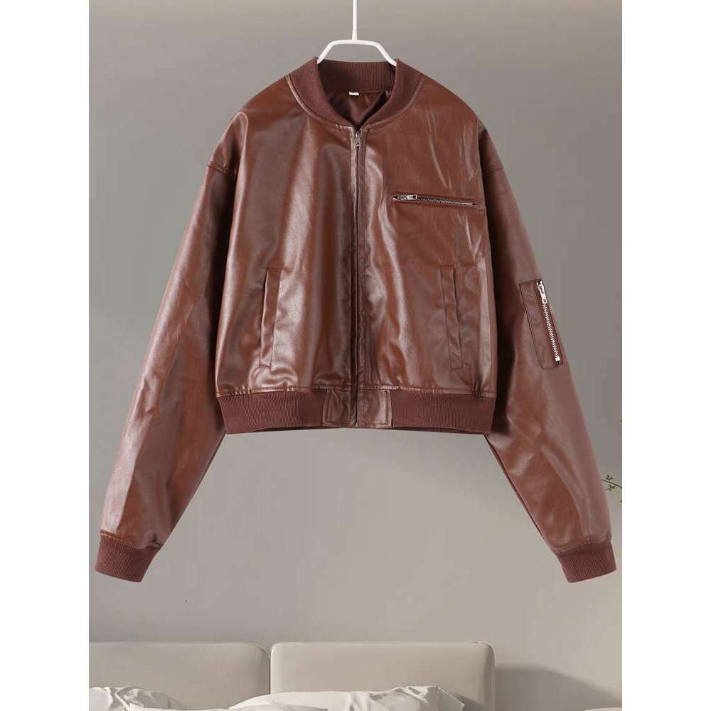 Vintage Imitation Leather Bomber Jacket Women O-Neck Zipper Pockets Loose Short Coat 2024 Autumn Lady High Street Outwear