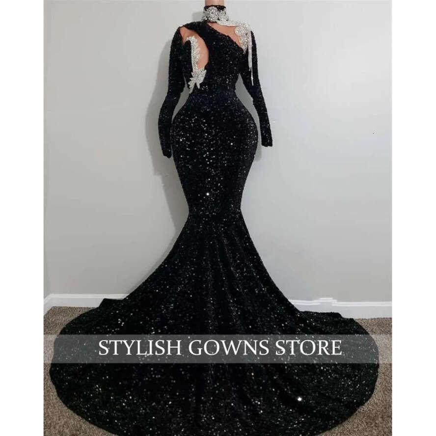 Long Prom Neck High Dresses For Black Girls 2023 Sequined Evening Dress Appliques Birthday Party Gowns With Full Sleeves 0627