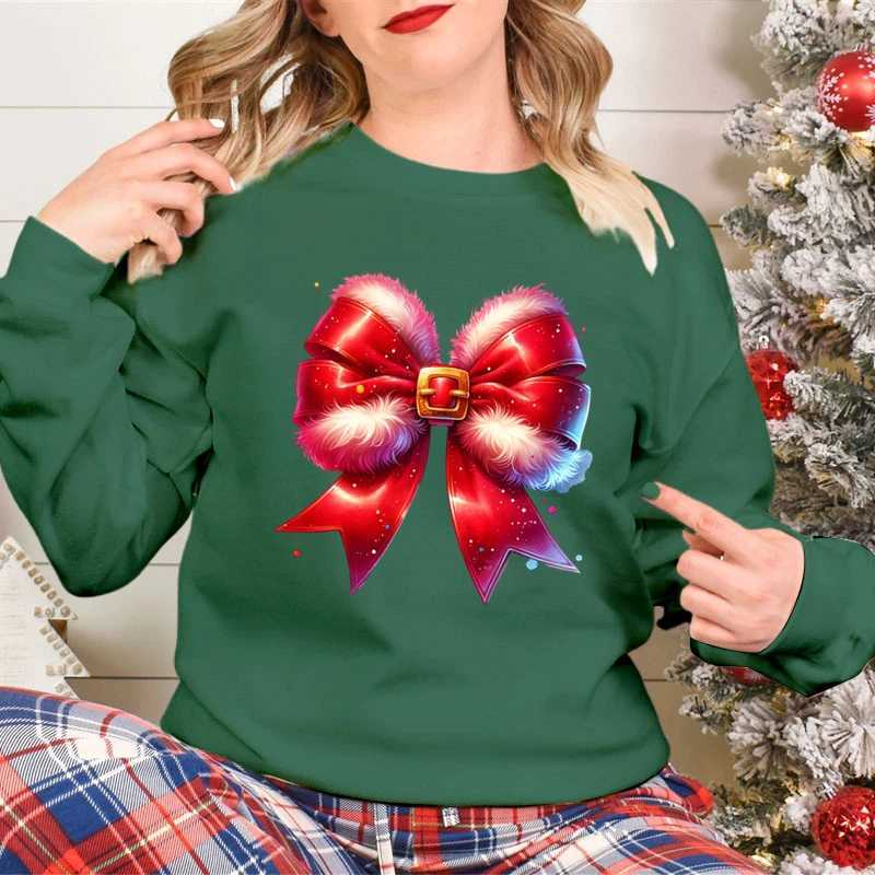Fashionable womens Christmas sweater fashionable Christmas bow design cartoon sweater Christmas hat Christmas season classic hoodie Y241016