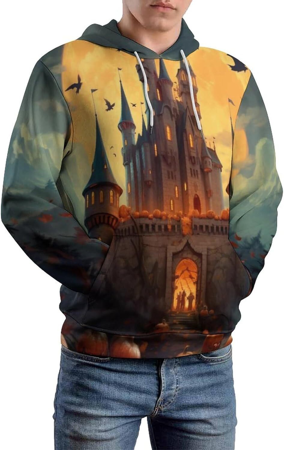 Hoodie for Mens Womens Unisex Novelty Pumpkin Face Hoodie Darkness Castle Cartoon Pattern Halloween Pullover Long Sleeve Hoodie Graphic Hoodies sweats