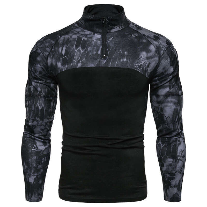 2025 Military Battlefield Outdoor Elastic Fitness Camo Long sleeved T-shirt Zipper Pocket Men's Clothing