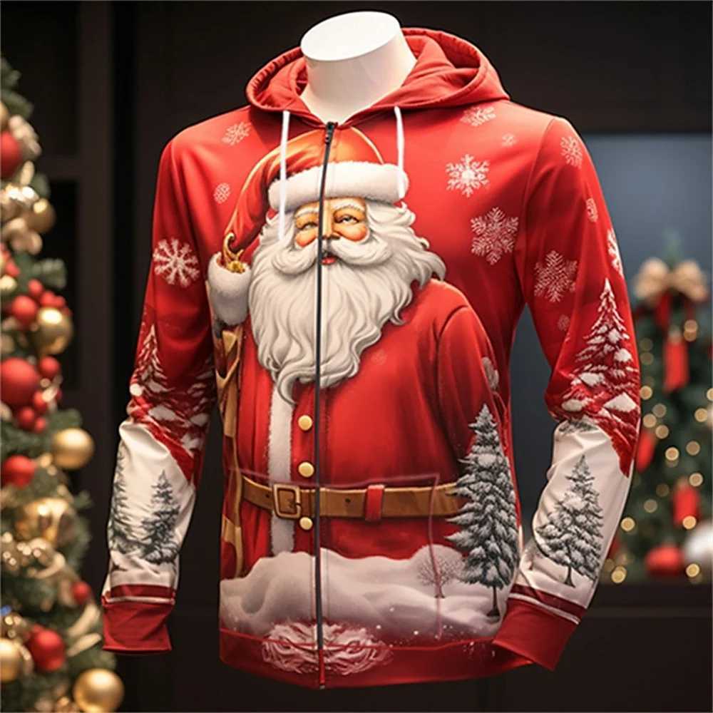 3D Christmas Day Mens Zipper Hoodie Fashion Santa Claus Mens Oversized Top Long Sleeve Sweatshirt Y241016