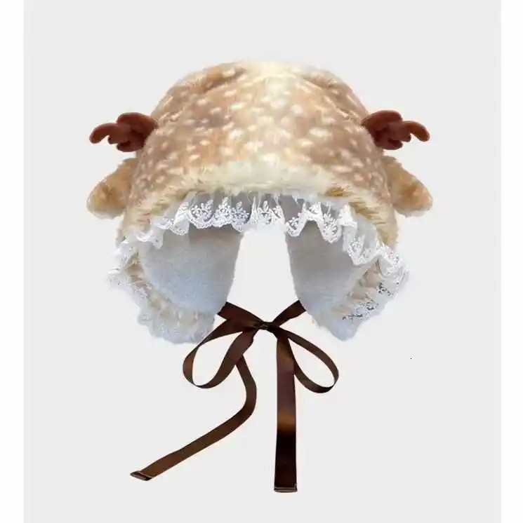 Cute Faux Fur Earflap Caps With Lace Women Christmas Moose Reindeer Warm Ski Hat Men Winter Deer Antler Warm Beanie Christmas 241009