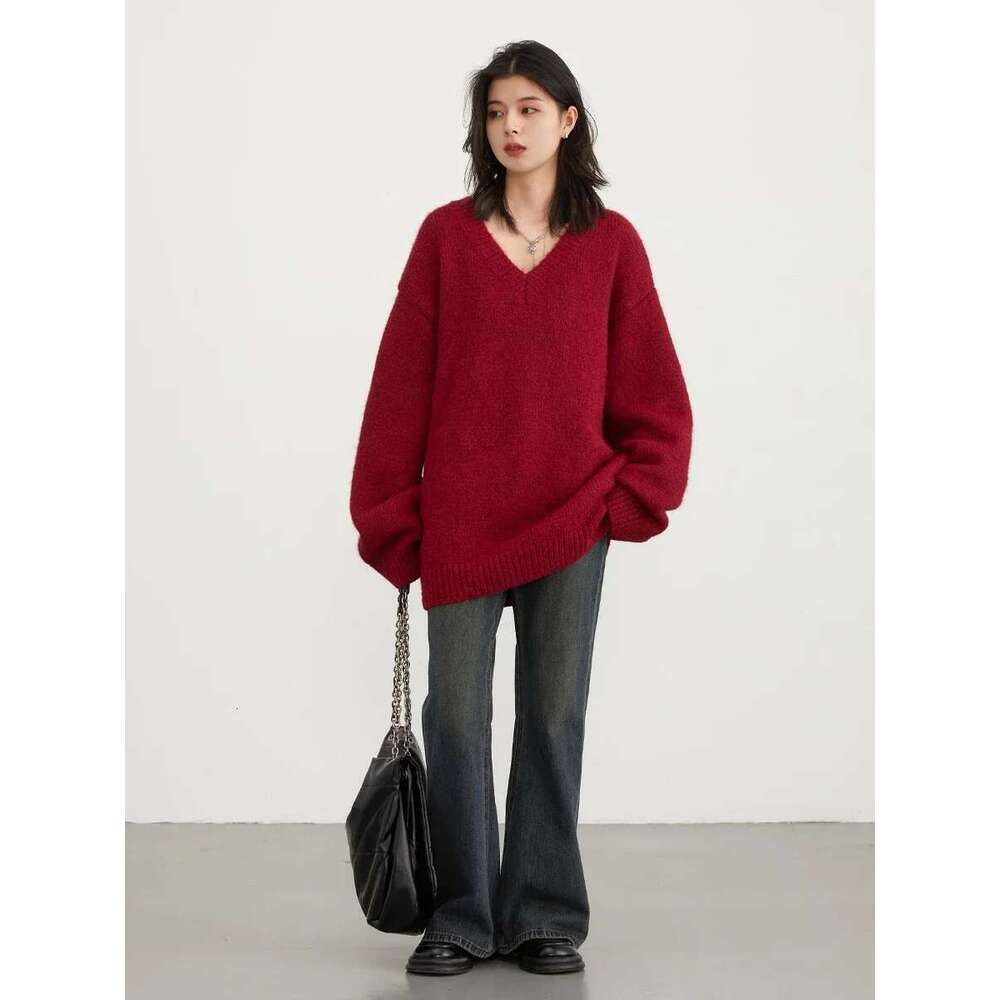 CHIC VEN Women Sweaters Loose Pullovers New V-Neck Knitwear Red Knitted Jumpers Female Top Fashion Woman Autumn Winter 2023
