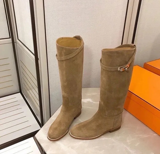 Meotina Women Riding Boots Shoes Buckle Genuine Leather Mid Heel Knee-High Boots Slip-On Long Boots Female Autumn Winter Black 5b