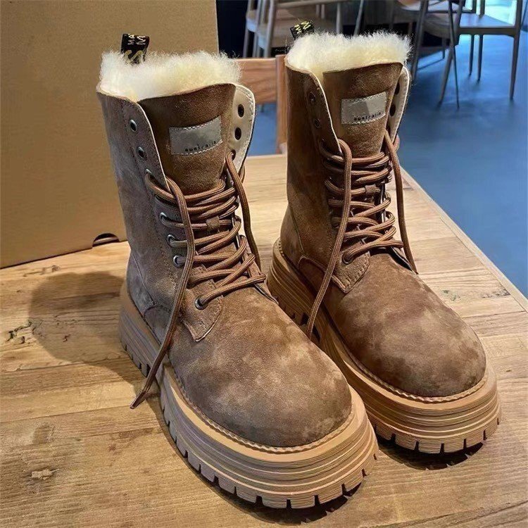 ddmytiger Sheepskin wool integrated sole height increasing Martin for women 2024 winter new item with plush and thick cotton shoes, midsole snow boots