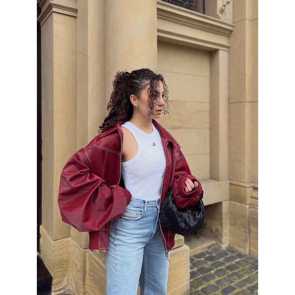Women Fashion Solid Oversized Contrast Loose Lapel Long Sleeve Zipper Pu Leather Top Autumn Lady Motorcycle Jacket