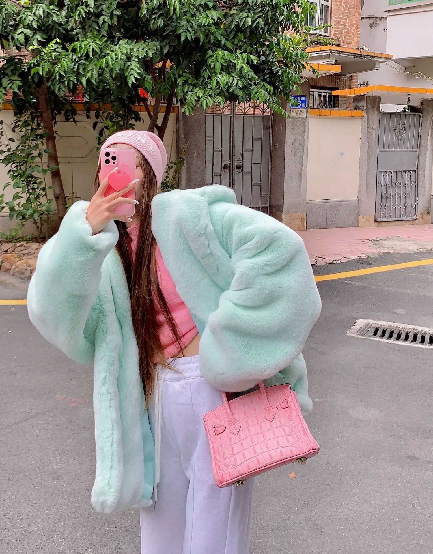 Womens Sweet Pink Fur Coat Womens Winter Thick Warm Street Clothing Korean Hooded Artificial Rabbit Fur Coat Extra Large Coat W241010