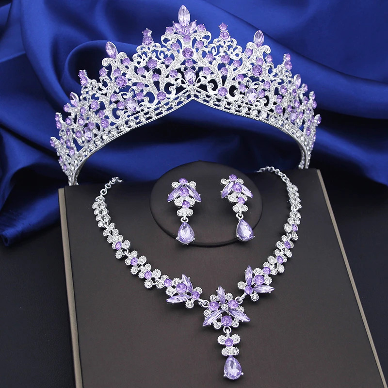 Purple Crystal Bridal Jewelry Sets Women Tiaras Bride Necklace Earrings for Wedding Crown Jewelry Set Prom 241016