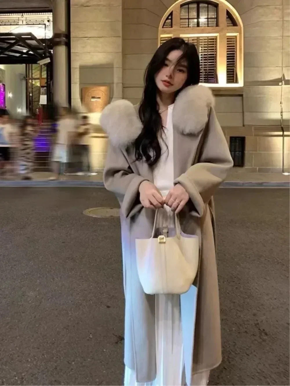 2024 New Design Hooded Wool Natural Fox Fur Outerwear Jackets With Belt Women's Overcoat Soft Woolen Coats Female
