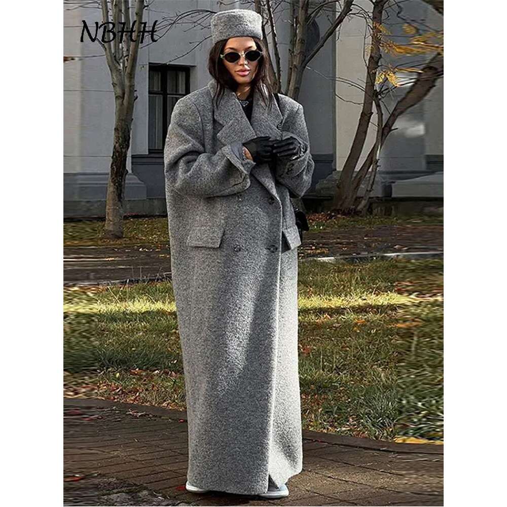 Loose Grey Long Woolen Coat Women Lapel Double Breasted Full Sleeve Overcoats 2024 Autumn Winter Elegant Fashion Lady Outerwears