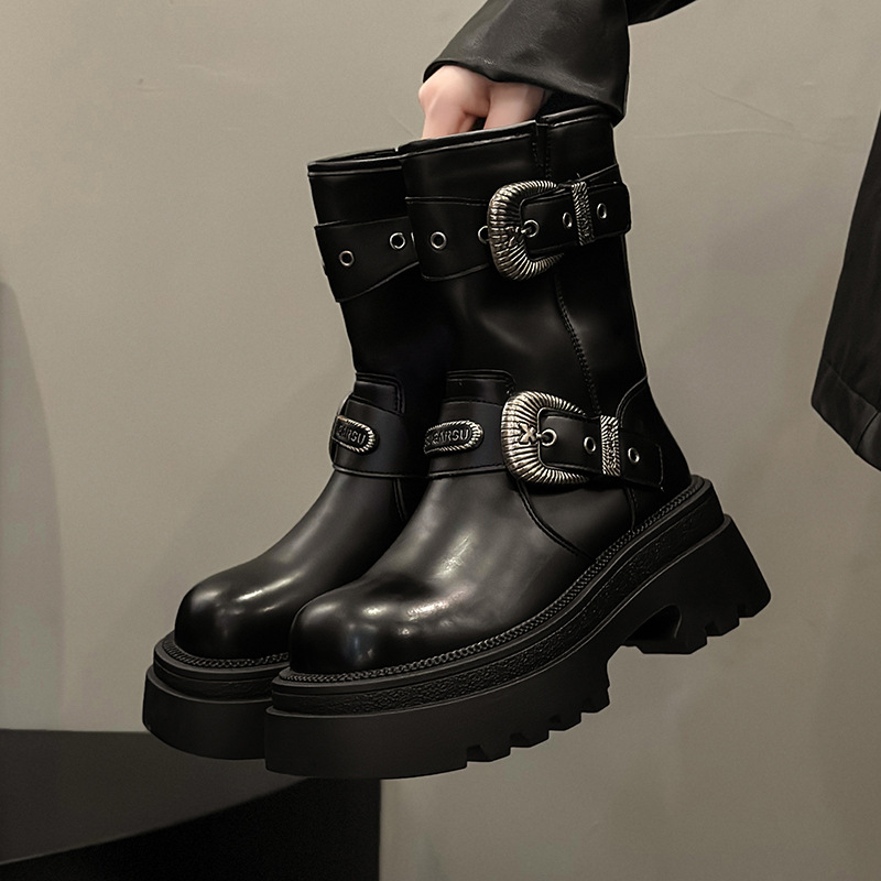 Women's 2024 Autumn/Winter New Retro Metal Buckle Thick Bottom Roman Knight Short Boots