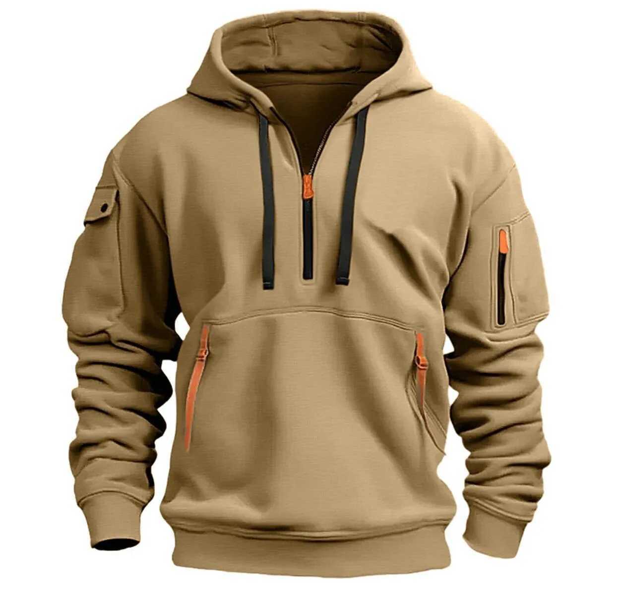Fashionable mens zipper multi pocket hoodie casual sports sweater Y241016