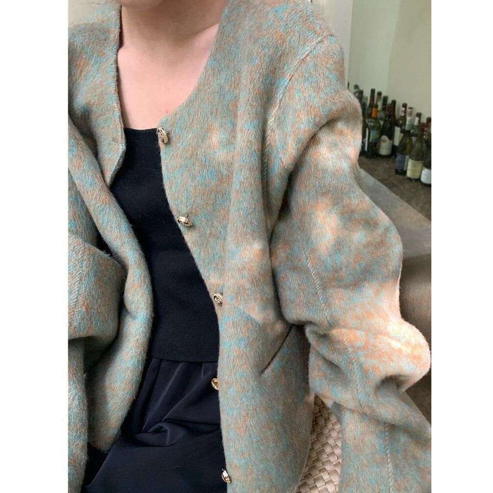 Short Woolen Jackets 2023 Autumn/Winter Korean-Style Metal Single Breasted Round Neck Loose Rabbit Hair Women Wool Coats