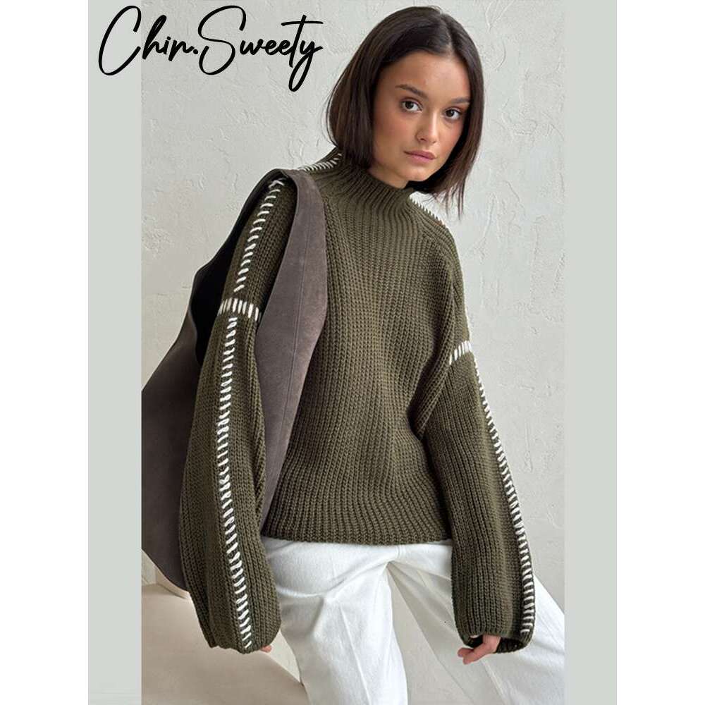 Casual Knitted Contrast Pullovers Women Loose High Collar Long Sleeve Sweaters 2024 Autumn New Lady Cozy All-Match Knitwear