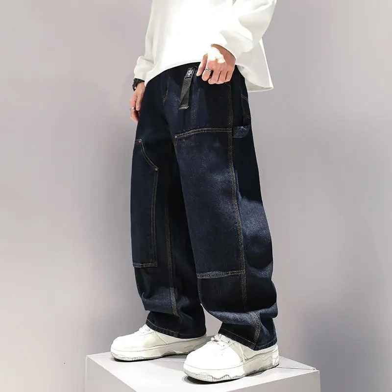 Washed Blue Straight leg Jeans Stylish Street Cargo Pants Japanese Harajuku style Hip hop loose wide pants mens clothing 241008