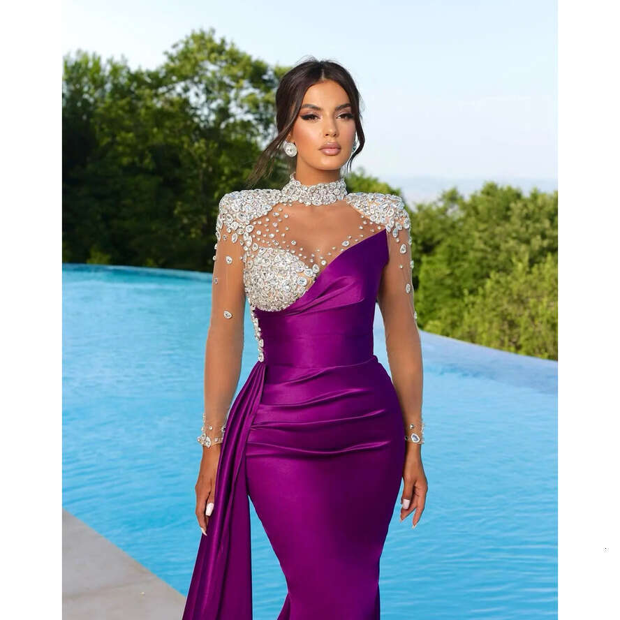 Dresses Evening Purple Mermaid Vintage High Neck Sheer Appliques Beads Illusion Long Sleeve Pleats Ruffles Formal Ocn Prom Gowns Bc16781