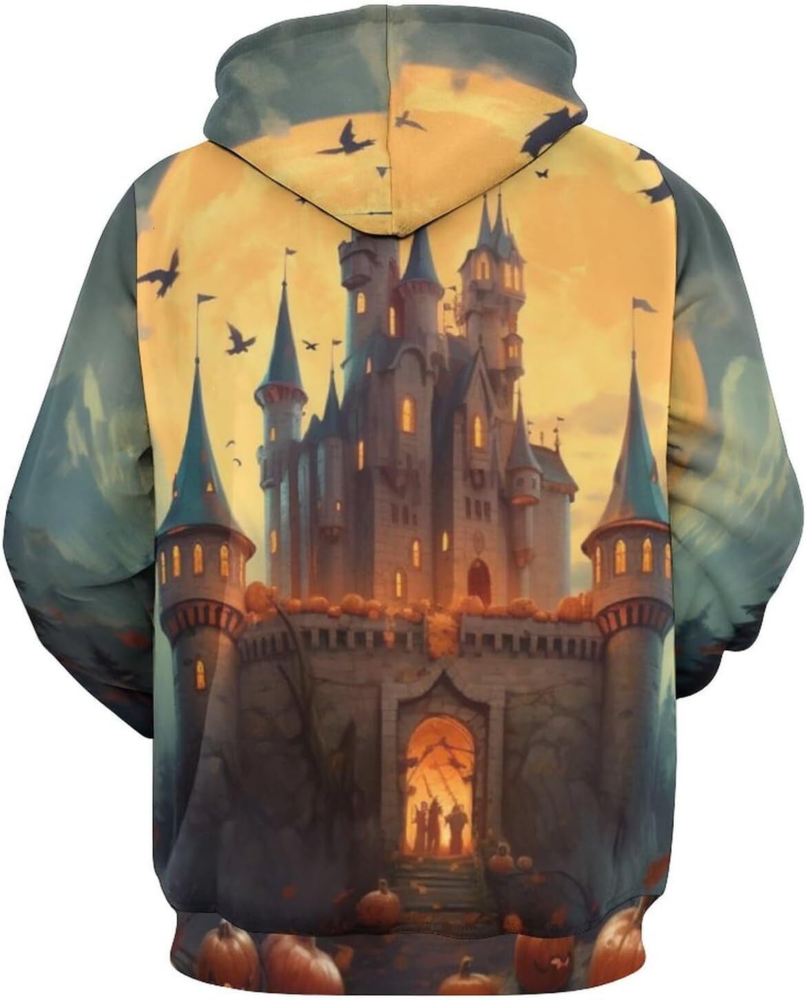 Hoodie for Mens Womens Unisex Novelty Pumpkin Face Hoodie Darkness Castle Cartoon Pattern Halloween Pullover Long Sleeve Hoodie Graphic Hoodies sweats
